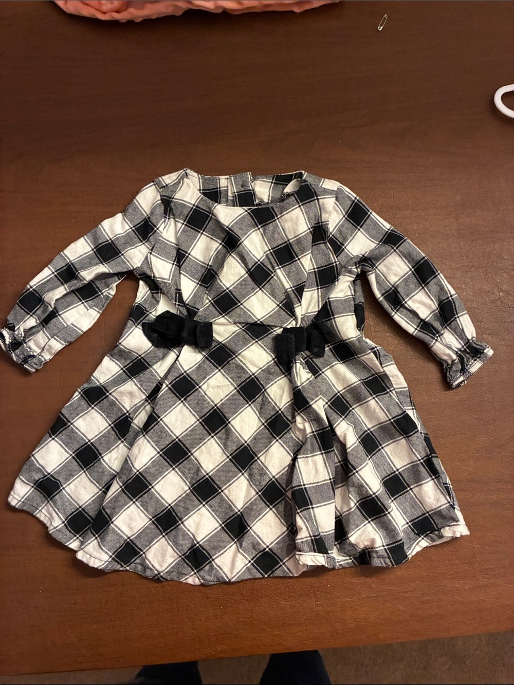 Girls Black and White Plaid Long-Sleeve Belted Dress
